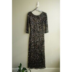 Pissaro Nights Beaded Black Gold Midi Dress Size 4 NWT